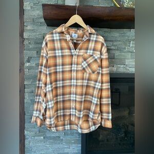 🧡 EUC H&M 100% Cotton Unisex Soft Flannel Orange Button Down Shirt Pocket M-L